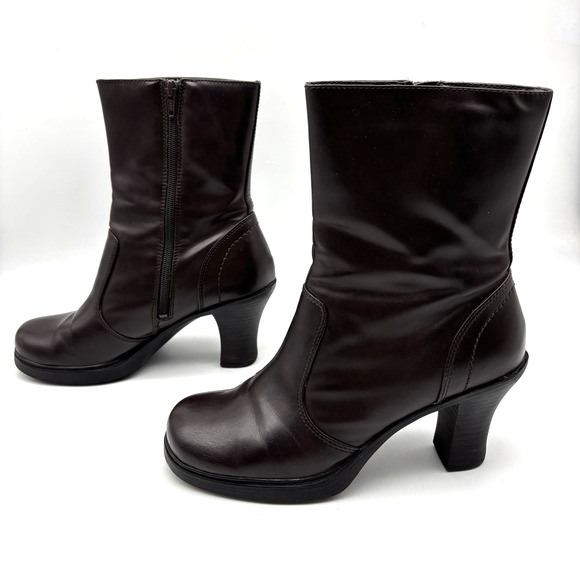 Vintage 00s Y2K Mudd 'CHARLOT' Brown Faux Leather Block Heel Mid Calf Boots 9M - Picture 5 of 16